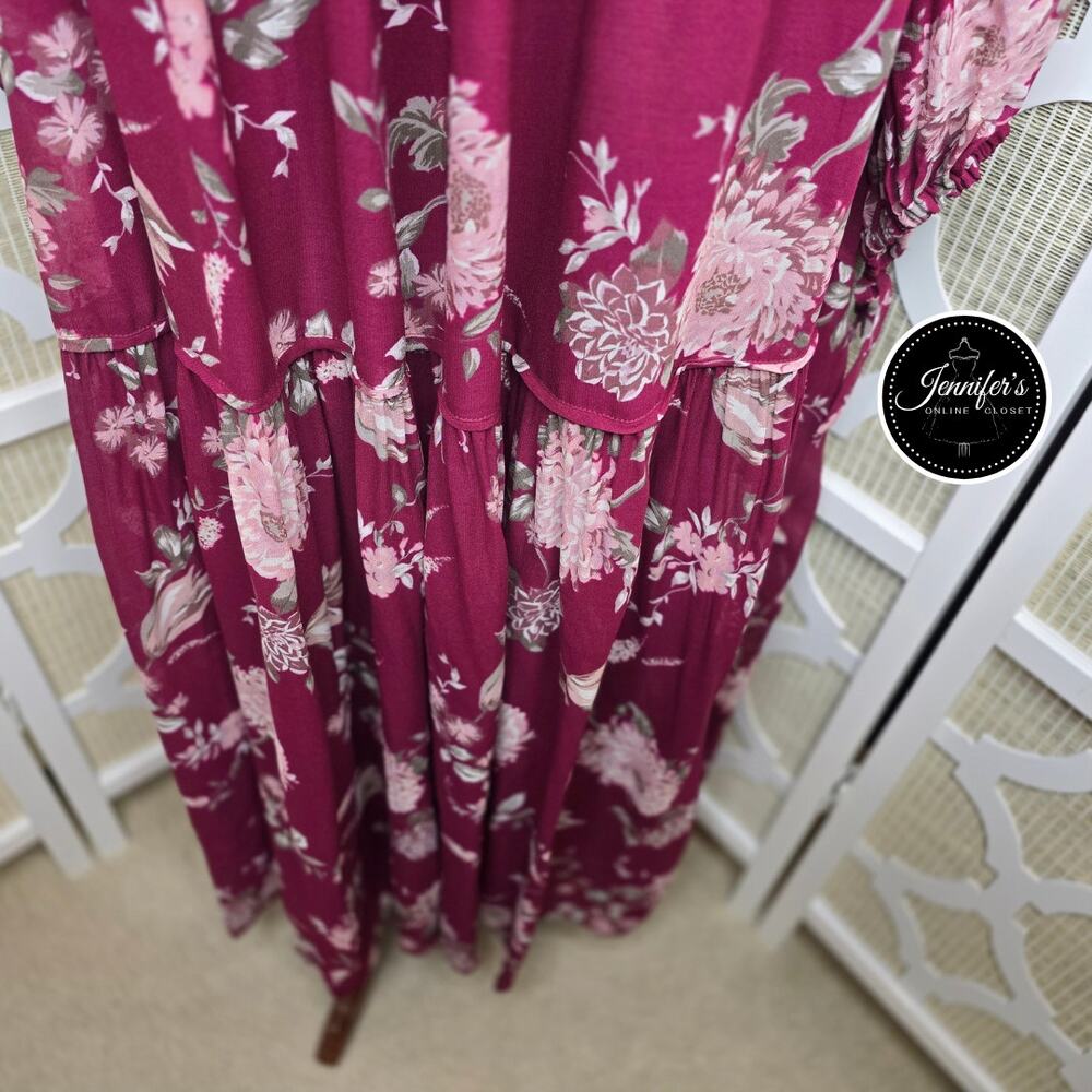 Anthropologie Evelin Maroon/Wine Floral Long Sleeve Chiffon Maxi Dress Size XL - Picture 6 of 16